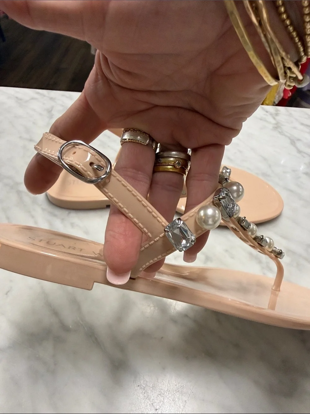 Stuart Weitzman NEW Goldie Jelly Crystal and Pearl Embellished T-Strap Sandal 9
